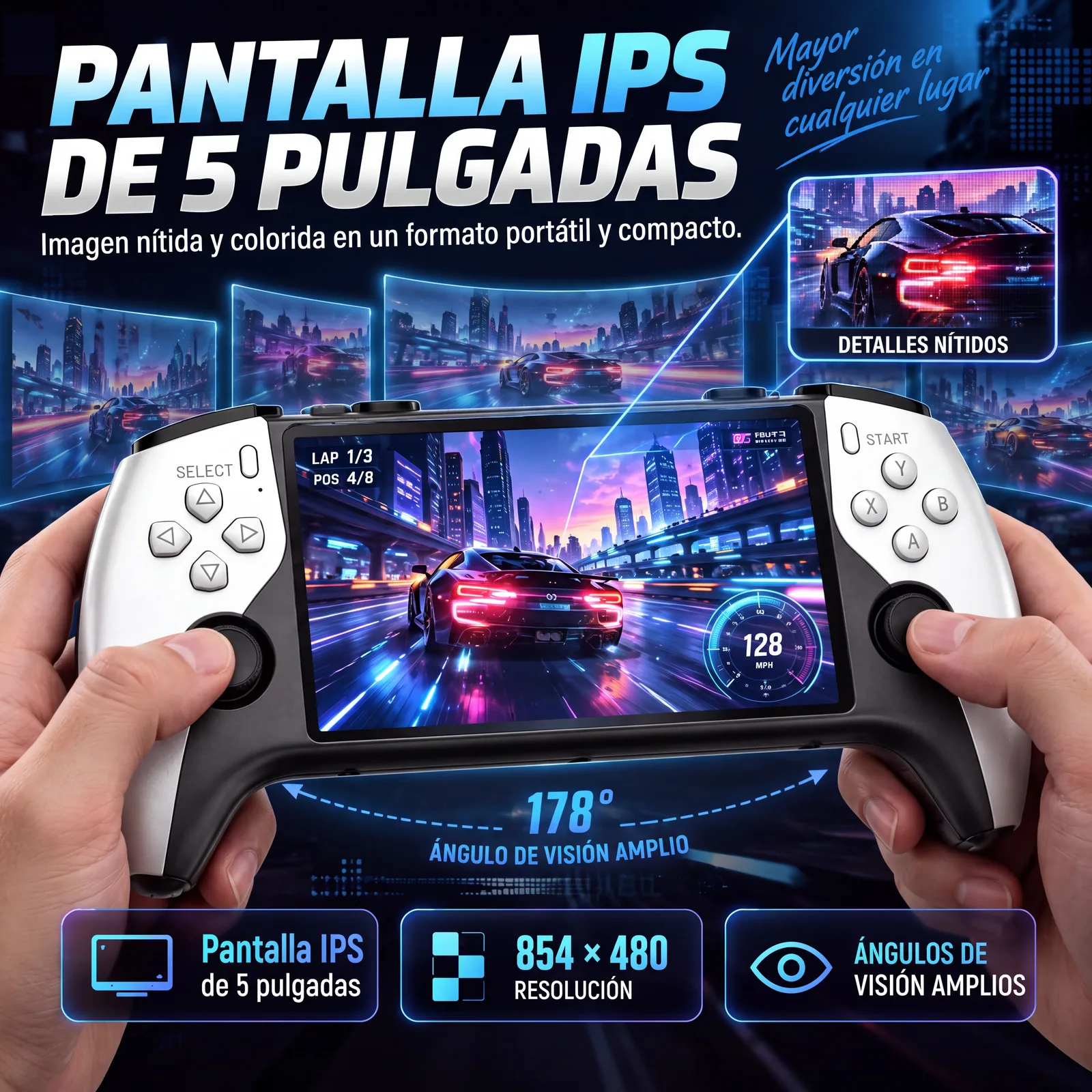 La consola retro portátil con su pantalla IPS de 5 pulgadas encendida